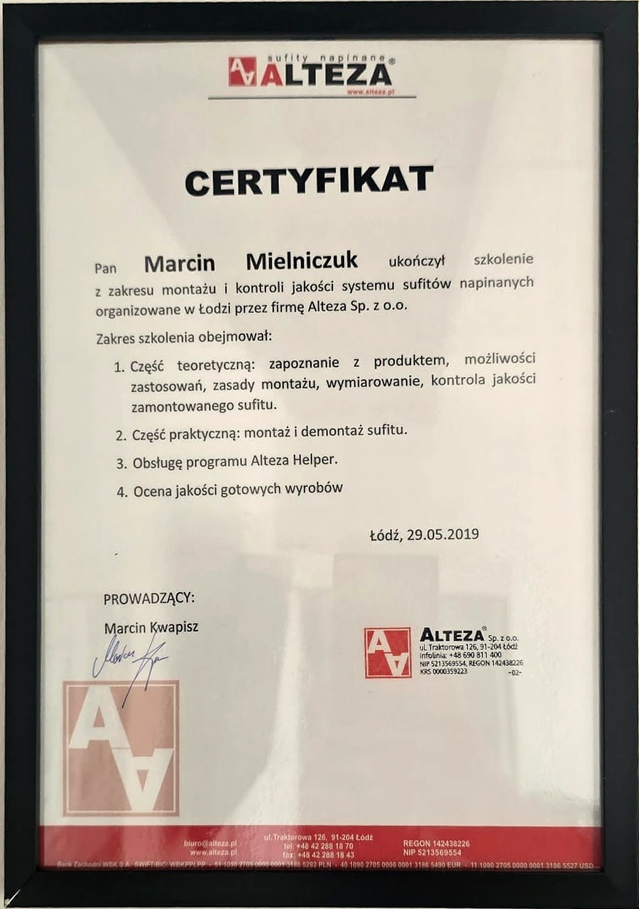 Certyfikat montażu systemu sufitów napinanych Alteza