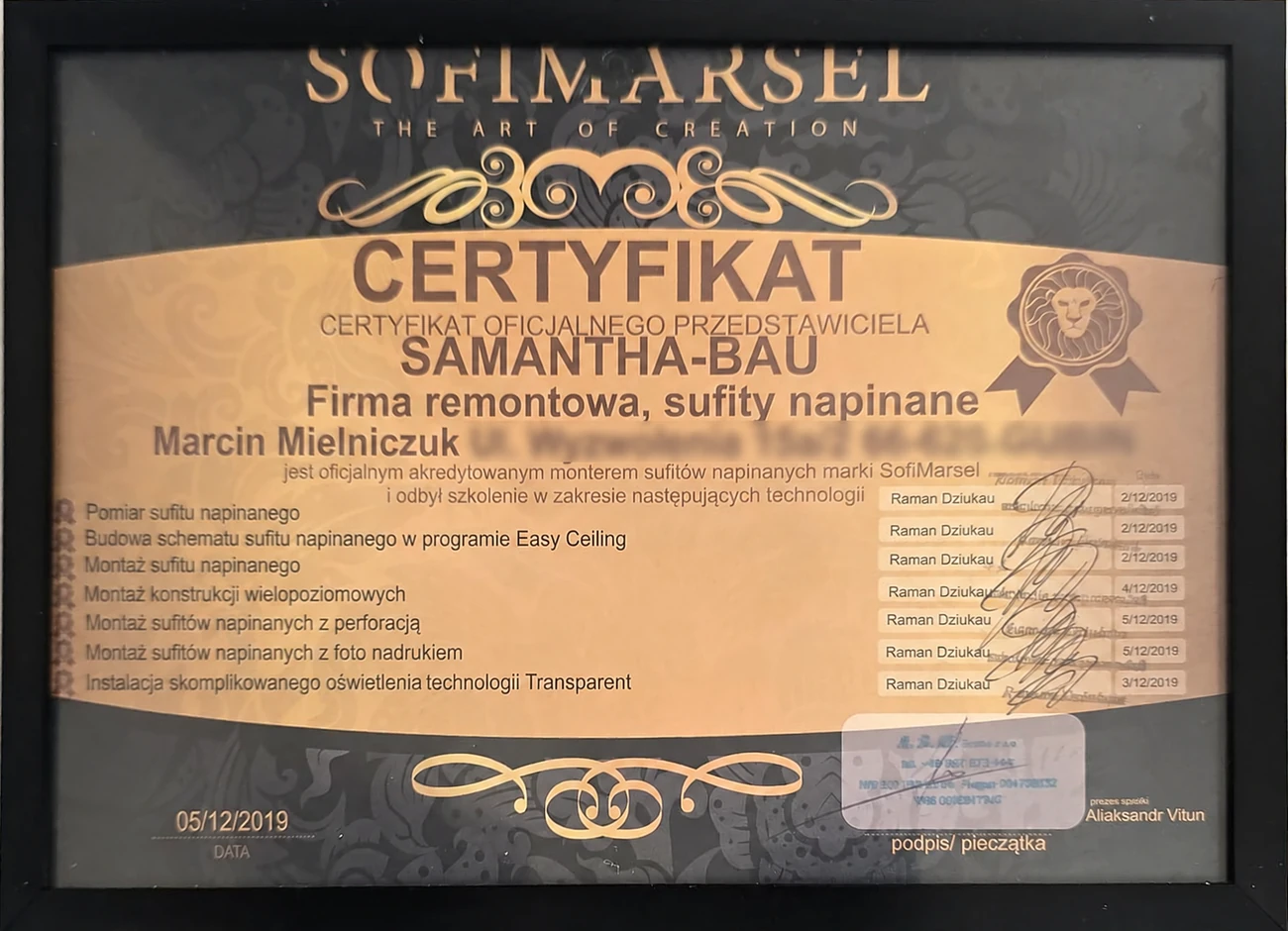 Certyfikat oficjalnego przedstawiciela Sofimarsel